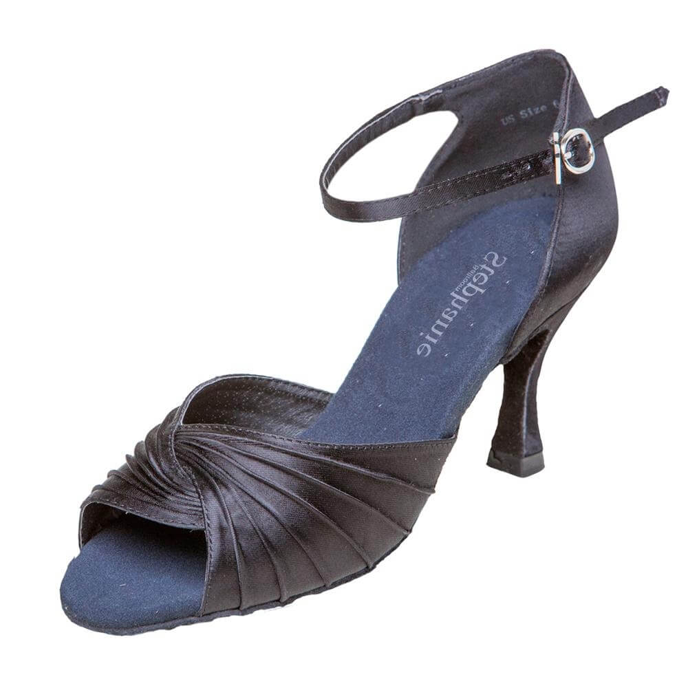 Stephanie Ladies Black Satin 2.5" Heel Ballroom Shoes - Click Image to Close