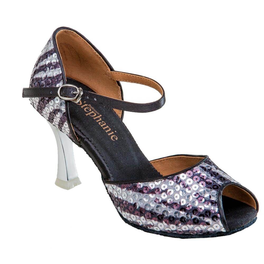 Stephanie Ladies Zebra Print / Silver Sequin 2.5" Heel Ballroom Shoes - Click Image to Close