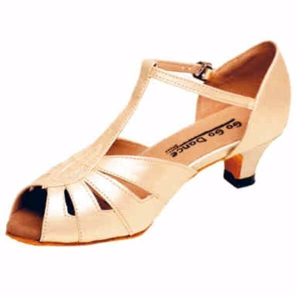 GOGO Ladies Tan Leather T-Strap 1.3" Heel Ballroom Shoe - Click Image to Close