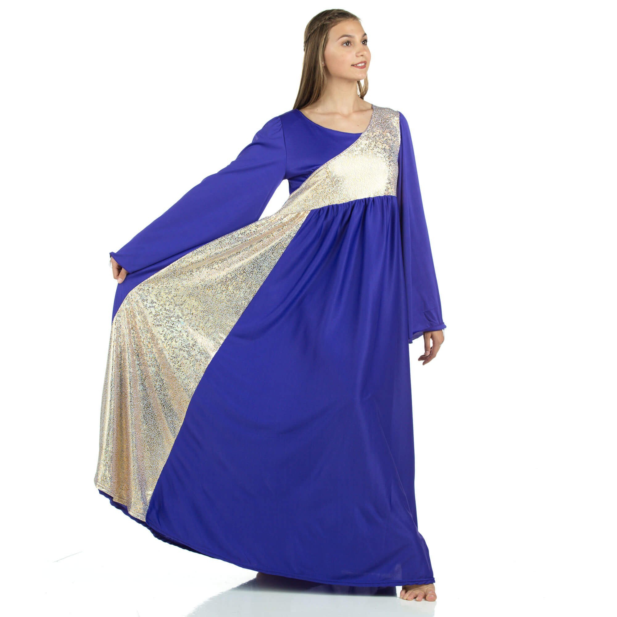 Danzcue Praise Dance Shimmery Asymmetrical Bell Sleeve Dress - Click Image to Close
