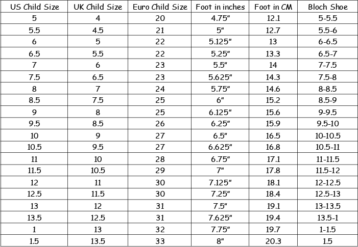 Capezio Shoe Chart