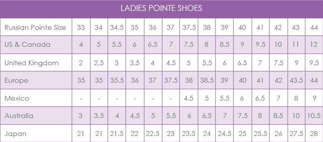 Freed Pointe Shoes Size Chart