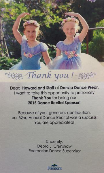 Thank-you card from City of Fremont Recreation Dance Supervisor