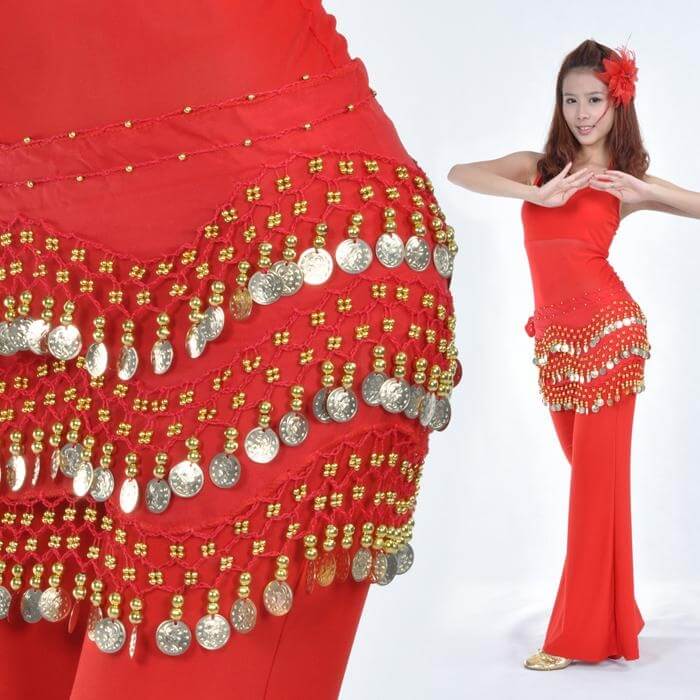 158 Coins Red Belly Dance Hip Scarf Wrap - Click Image to Close