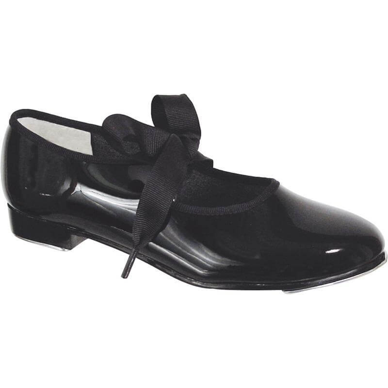 Dance Class® Child Black Patent Ribbon Tie Tap Shoe - Click Image to Close