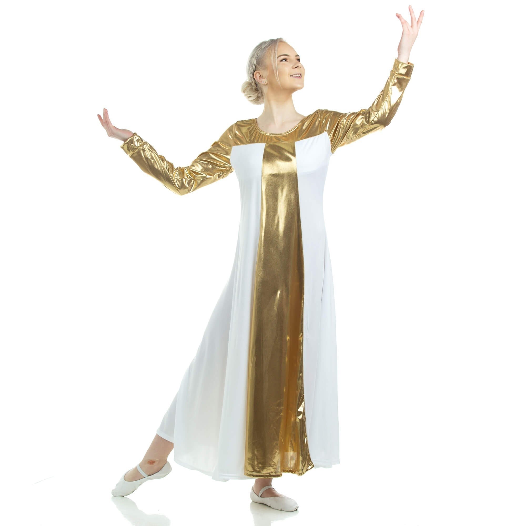 Danzcue Metallic Color Block Long Sleeve Praise Dance Dress - Click Image to Close