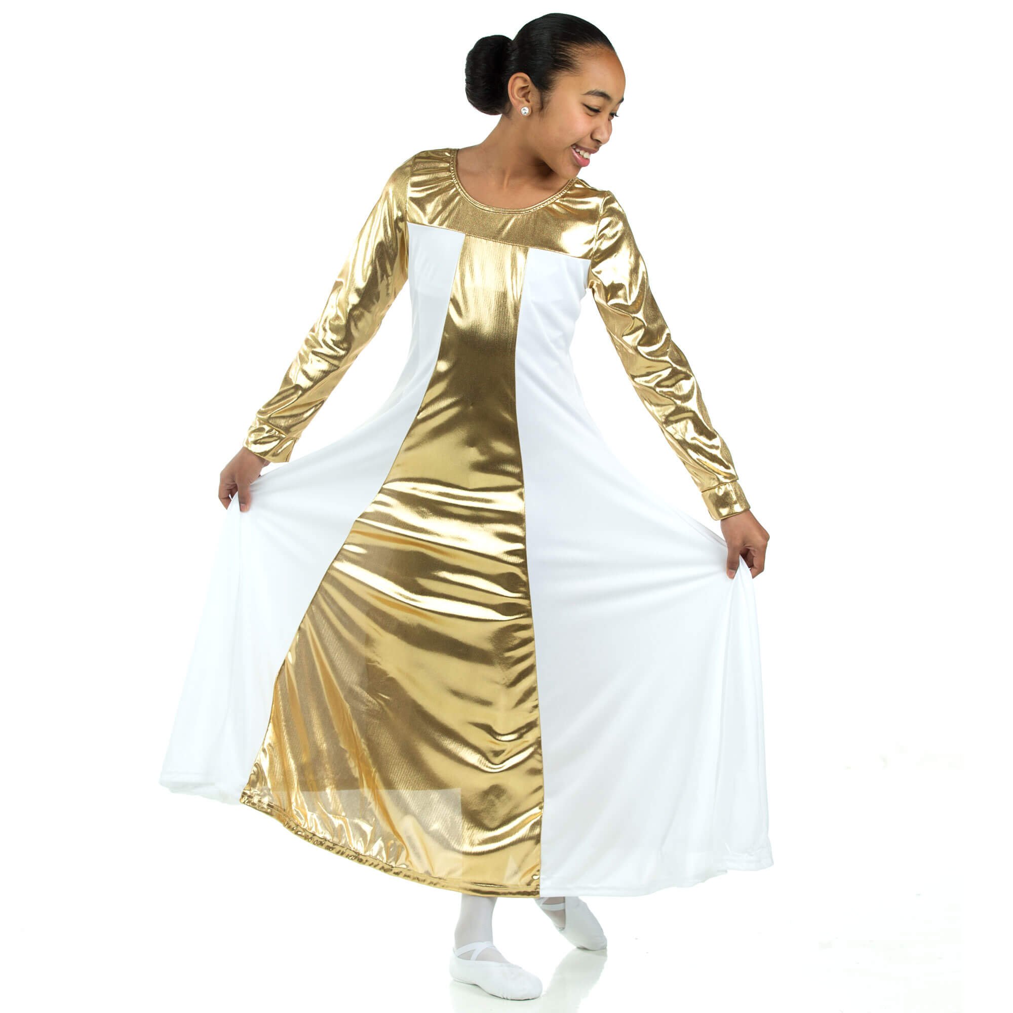 Danzcue Child Metallic Color Block Long Sleeve Praise Dress - Click Image to Close