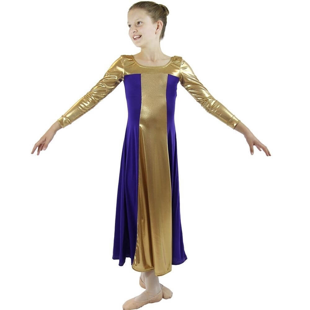 Danzcue Child Metallic Color Block Long Sleeve Praise Dress - Click Image to Close