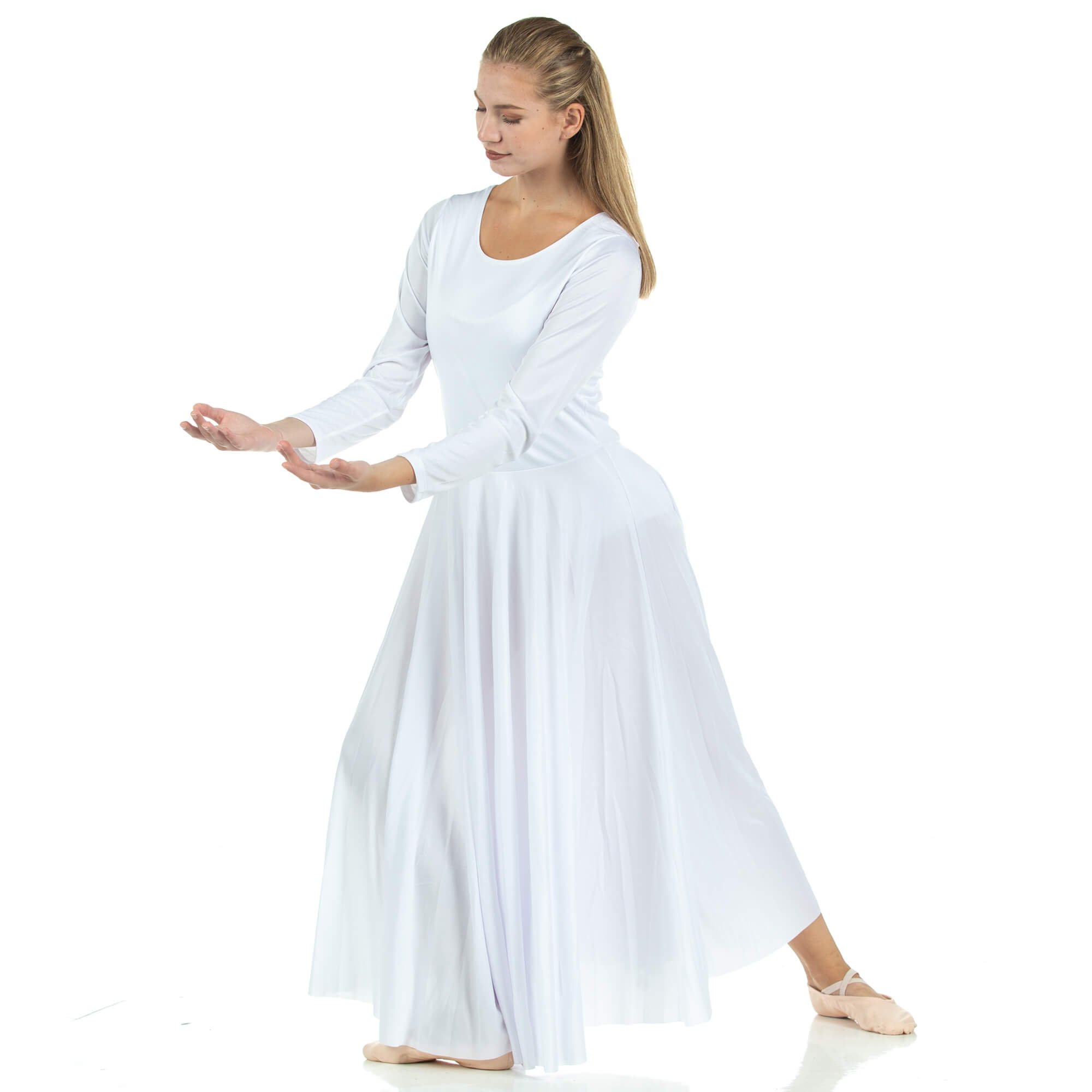 IDOPIP Women Metallic Color Block Praise Full Length Long Sleeve Dance Dress Liturgical Lyrical Dancewear Worship Robe Dress 
