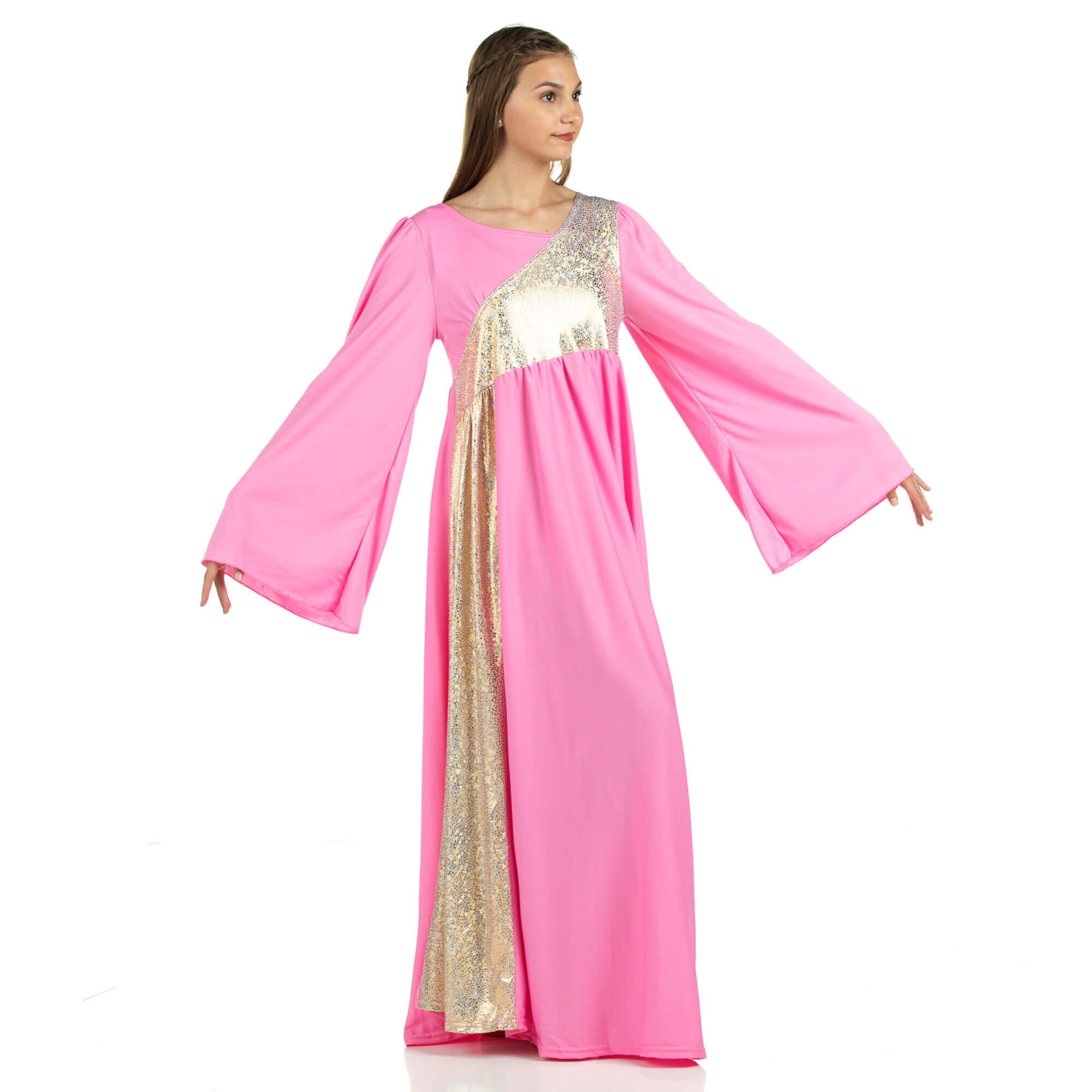 Danzcue Praise Dance Shimmery Asymmetrical Bell Sleeve Dress - Click Image to Close