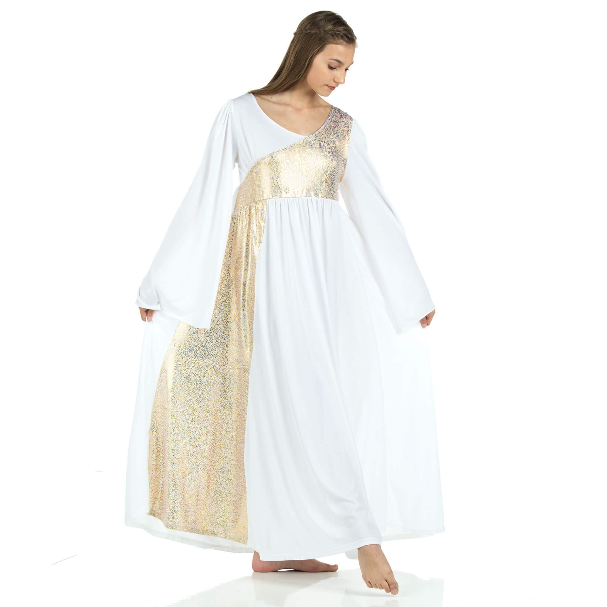 Danzcue Praise Dance Shimmery Asymmetrical Bell Sleeve Dress - Click Image to Close