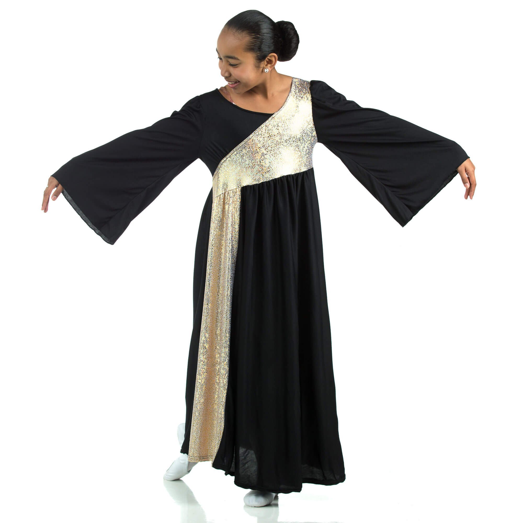 Danzcue Shimmery Asymmetrical Bell Sleeve Child Praise Dance Dress - Click Image to Close