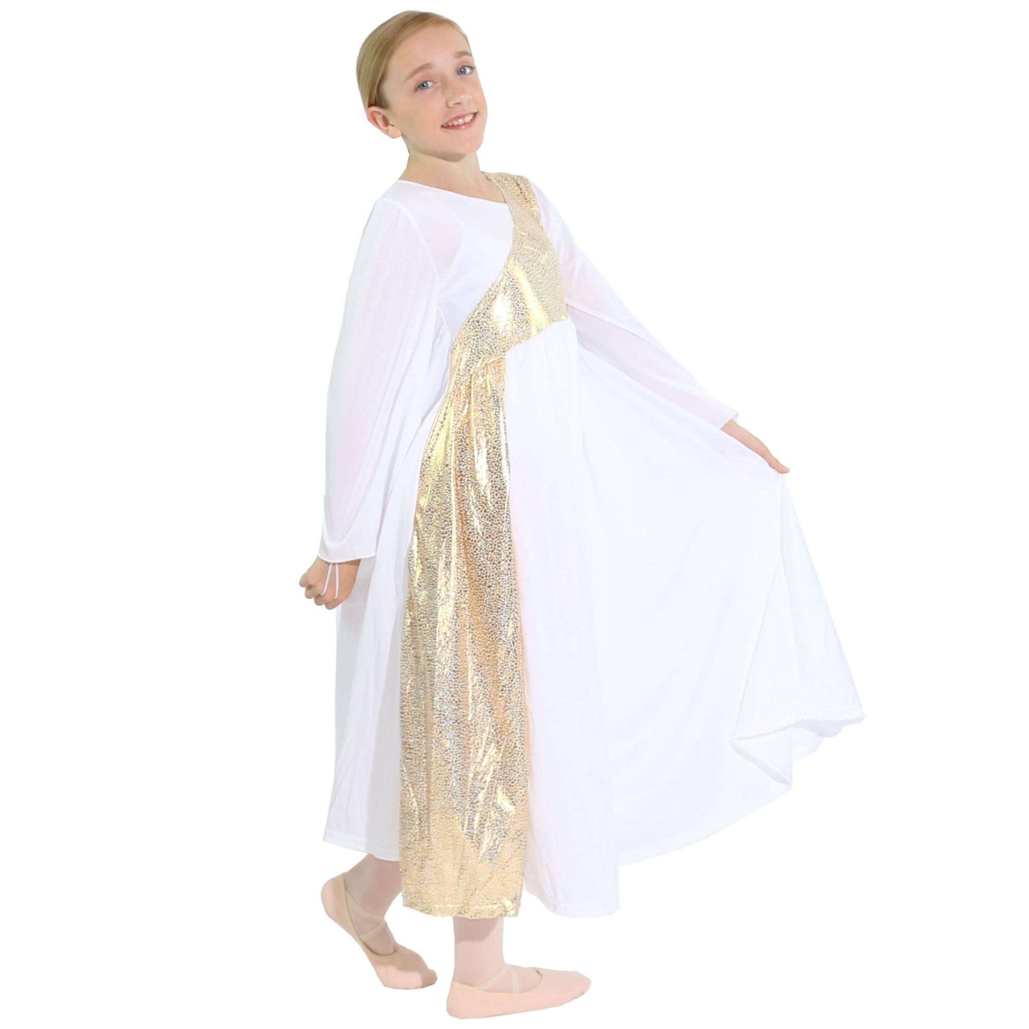 Danzcue Shimmery Asymmetrical Bell Sleeve Child Praise Dance Dress - Click Image to Close