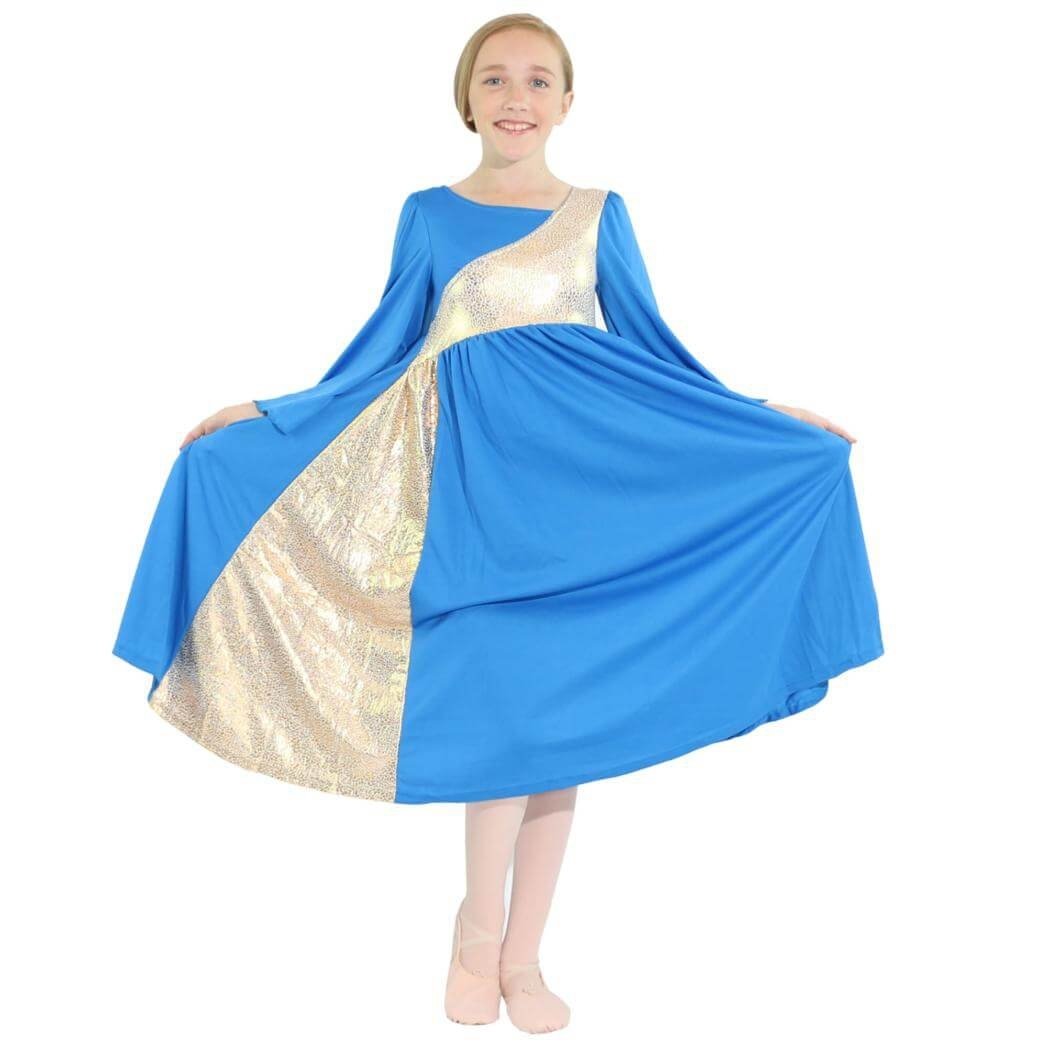 Danzcue Shimmery Asymmetrical Bell Sleeve Child Praise Dance Dress - Click Image to Close