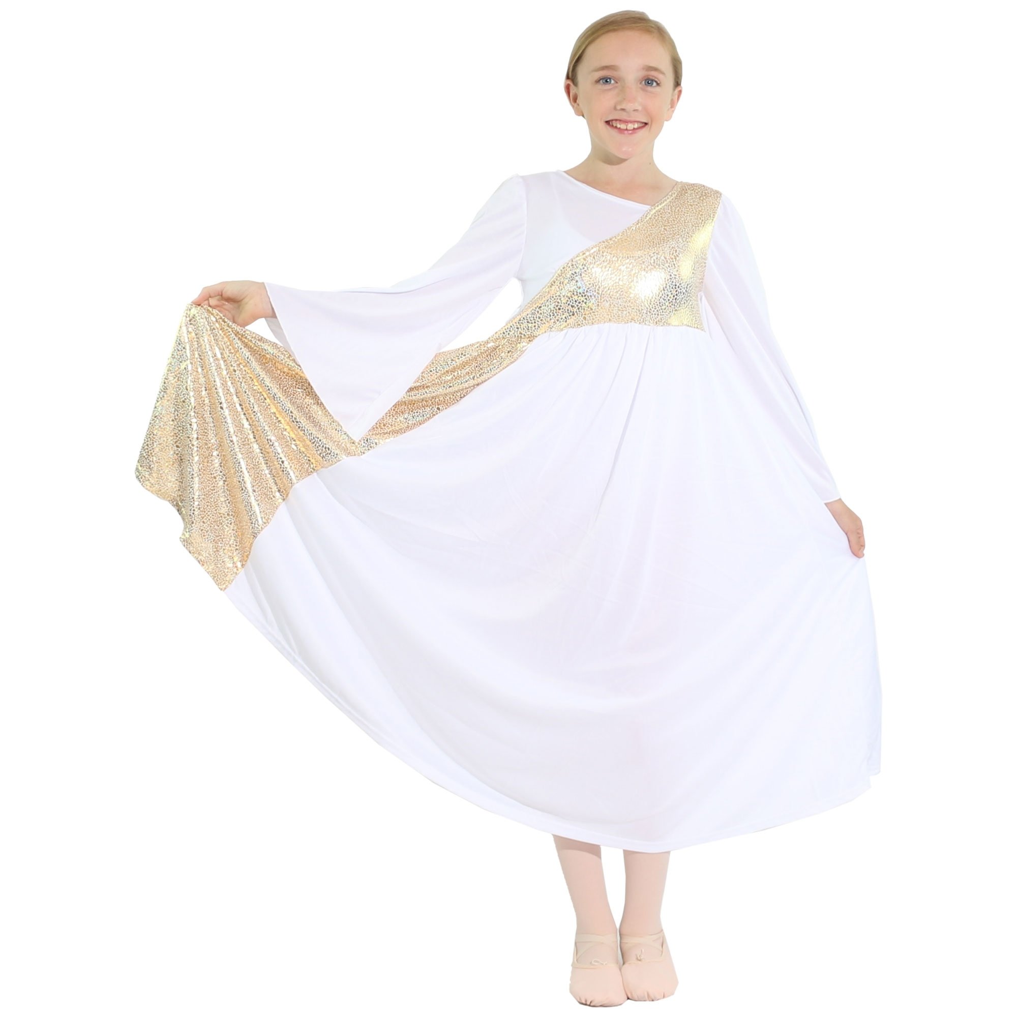 Danzcue Shimmery Asymmetrical Bell Sleeve Child Praise Dance Dress - Click Image to Close