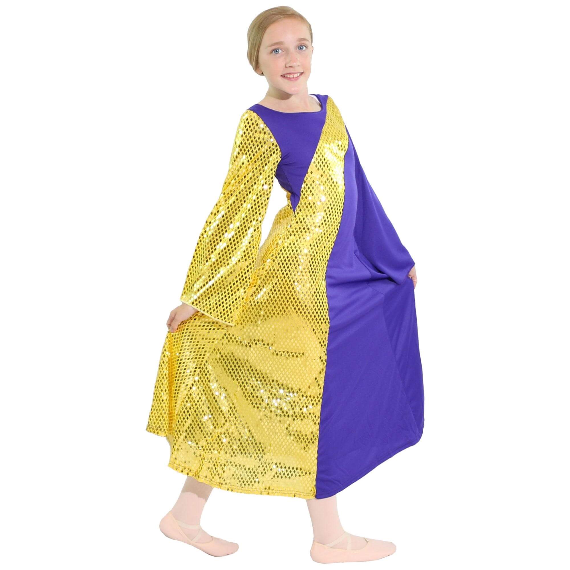 Danzcue Metallic Asymmetrical Bell Sleeve Child Praise Dance Dress - Click Image to Close