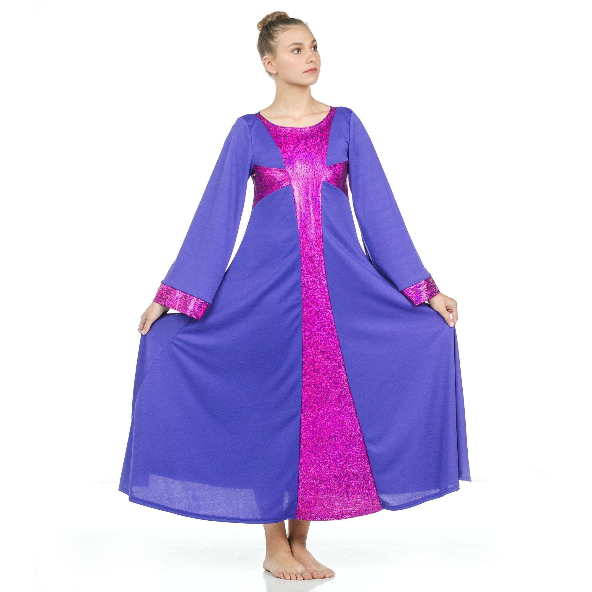 Danzcue Praise Dance Shimmery Cross Long Sleeve Dress - Click Image to Close