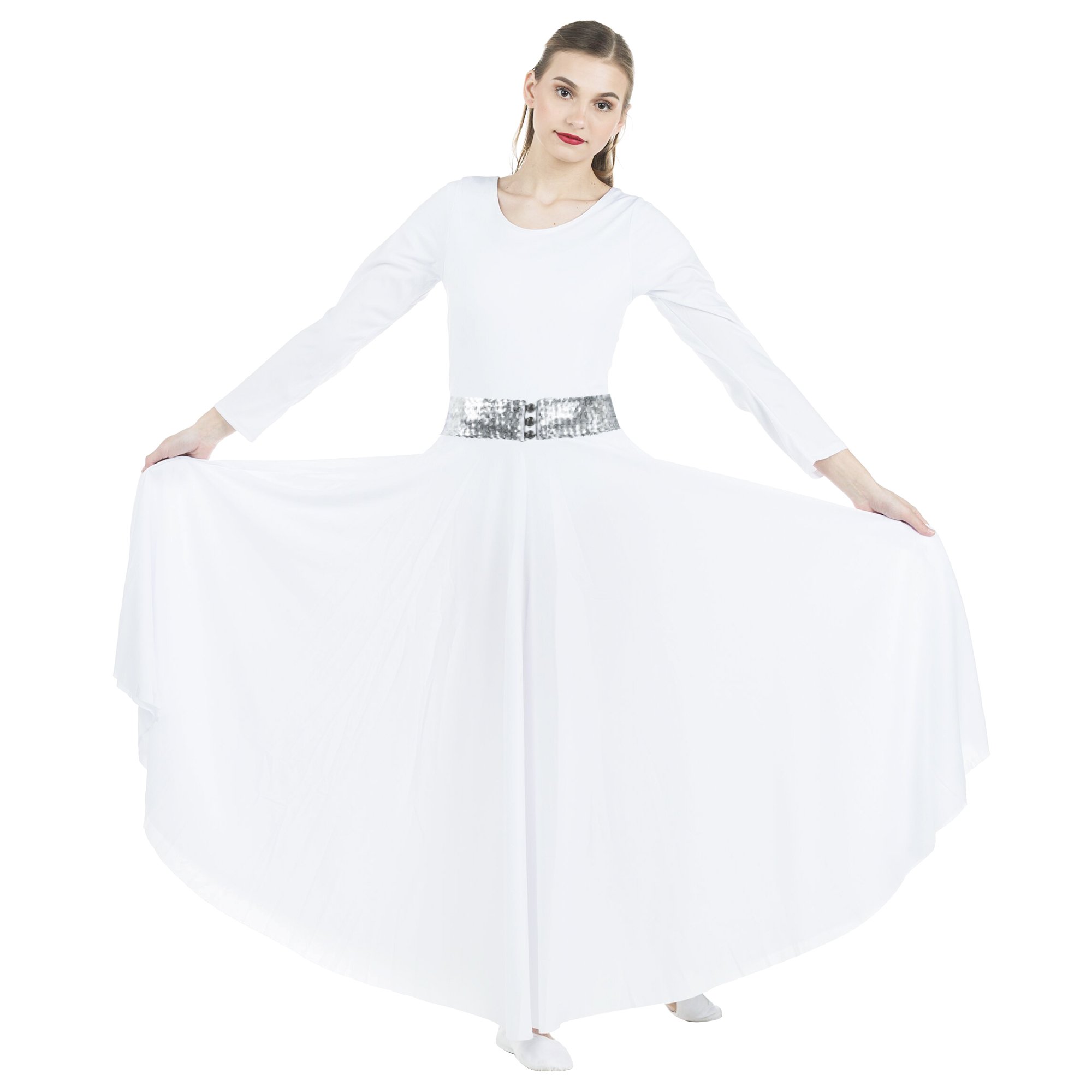 2-pc Set Danzcue Praise Full Length Long Sleeve Dance Dress with Sequin Elastic Belt - Click Image to Close