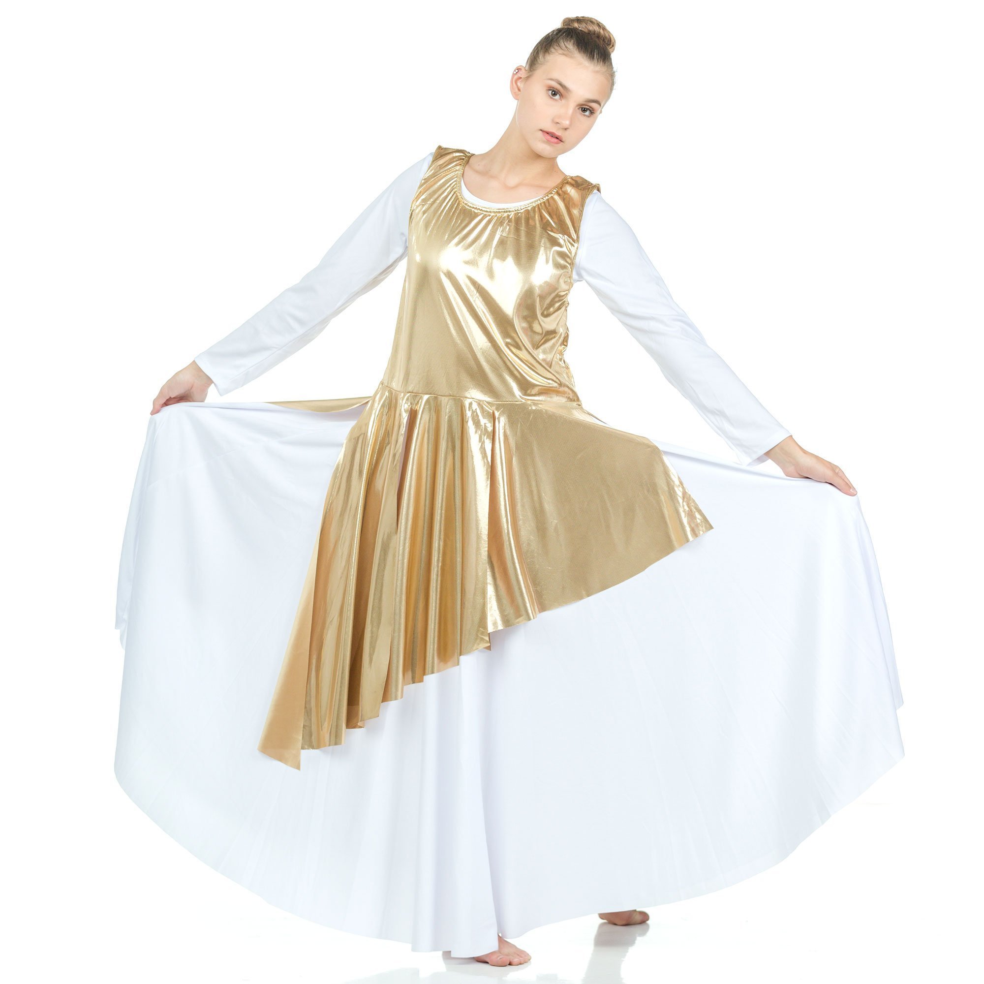 2-pc Set Danzcue Praise Full Length Long Sleeve Dance Dress with Asymmetrical Metallic Tunic - Click Image to Close