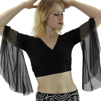 Sheer Black Chiffon Belly Dance Halter Top with Silver Coins