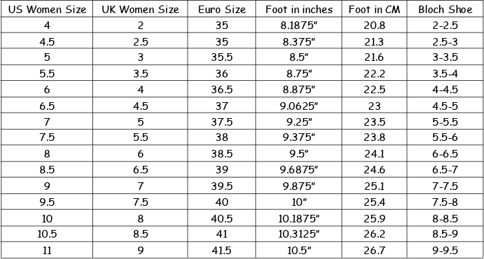bloch childrens ballet shoes size chart