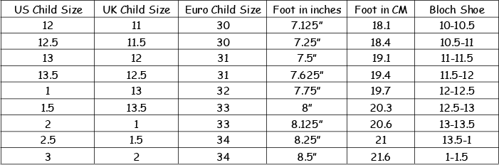 Bloch Bunnyhop Size Chart