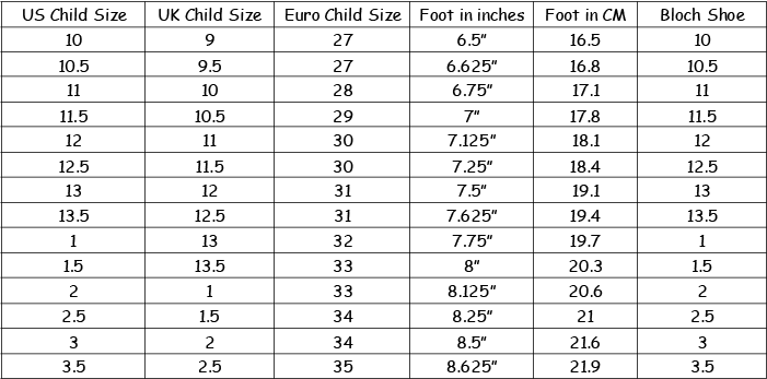 Bloch Ballet Size Chart