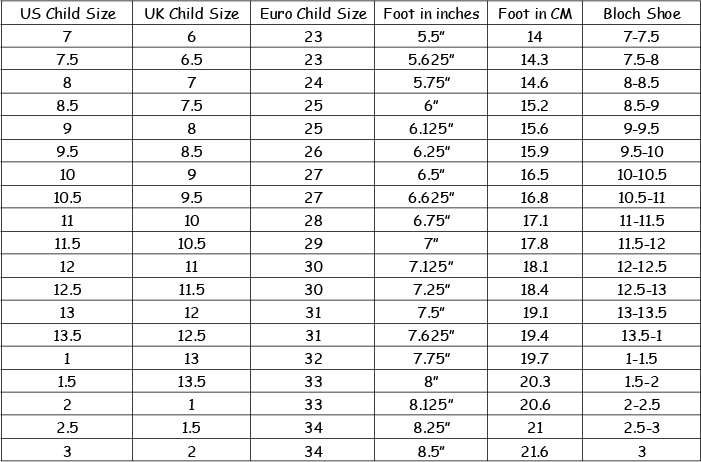 Bloch Ballet Flats Size Chart