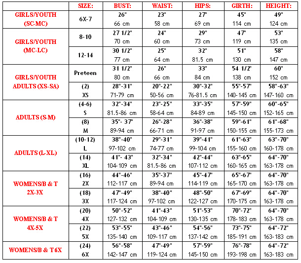 Childrens Leotard Size Chart