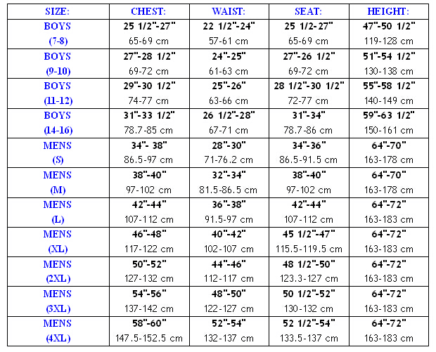 Body Wrappers Size Chart