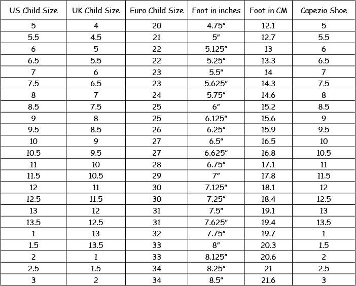 Tap Shoe Size Chart