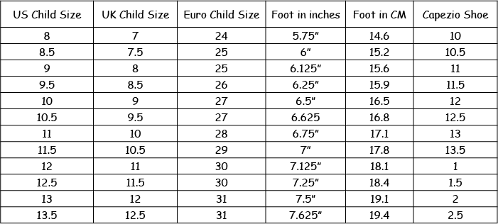 Dance Shoe Size Chart