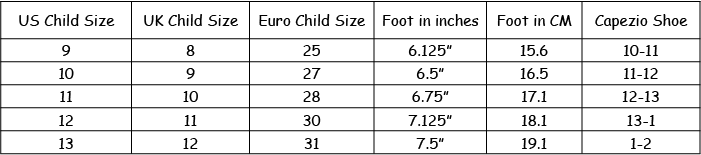 Capezio Child Size Chart