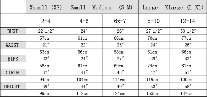 Child Leotard Size Chart