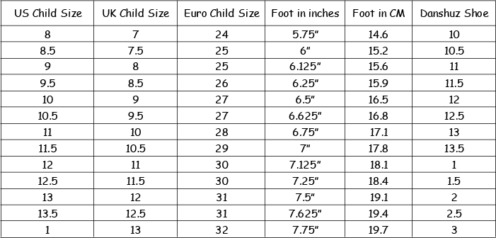 Youth Slipper Size Chart