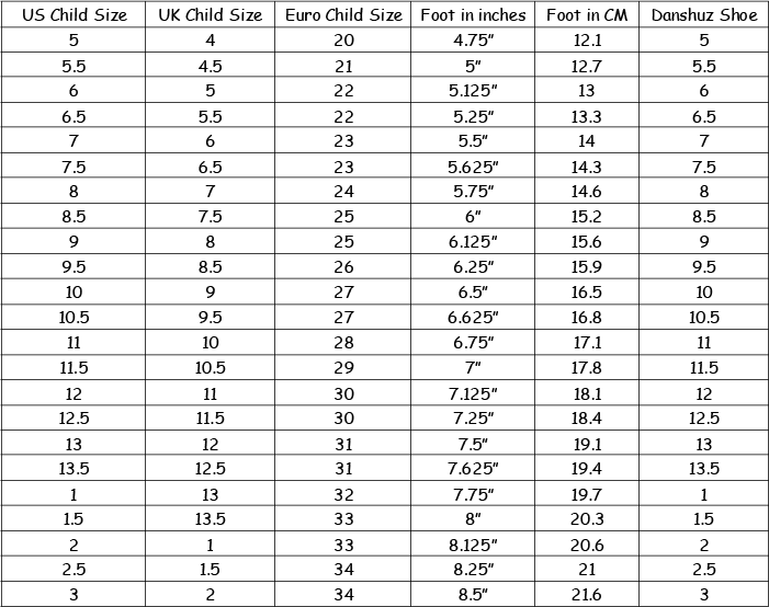 Danshuz Tap Shoes Size Chart