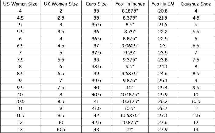 Danshuz Tap Shoes Size Chart