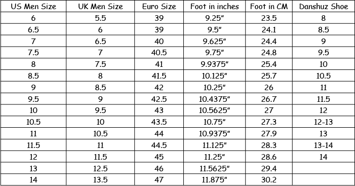 Danshuz Size Chart