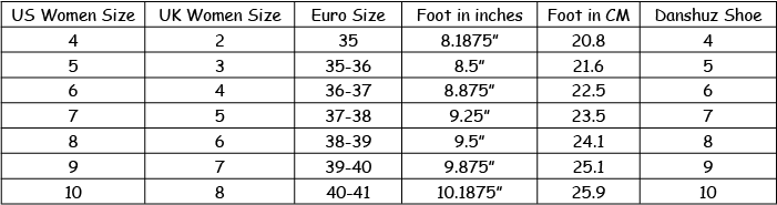 Danshuz Size Chart