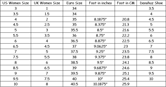 Danshuz Size Chart