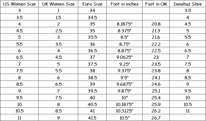 Danshuz Size Chart