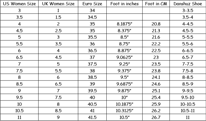 Danshuz Size Chart