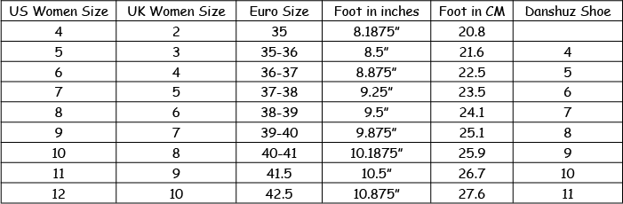Sandal Shoe Size Chart