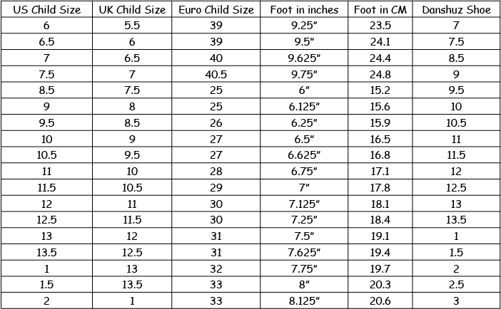 Danshuz Size Chart