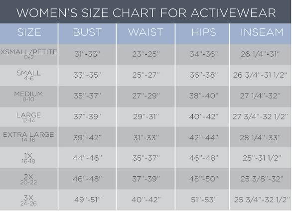 danskin yoga pants size chart