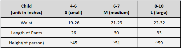 Dance Costume Size Chart