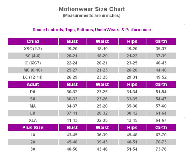 Motionwear Leotard Size Chart