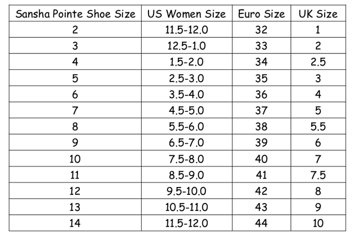 Ballet Pointe Shoes Size Chart