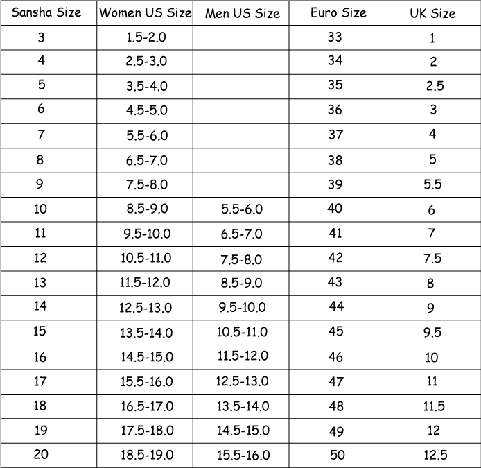 Sansha Shoe Size Chart