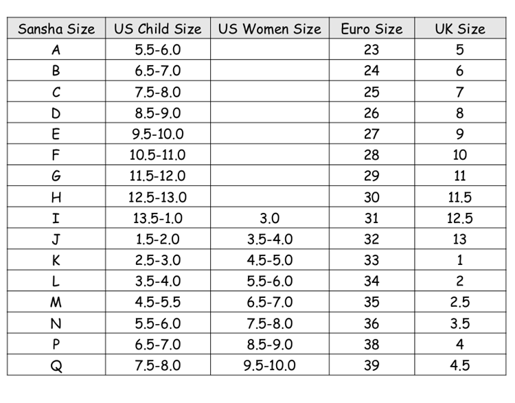 Jazz Shoes Size Chart
